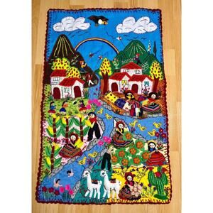 Handmade Peruvian Arpillera Wall Hanging Quilt 3D Folk Art Village Scene Decor